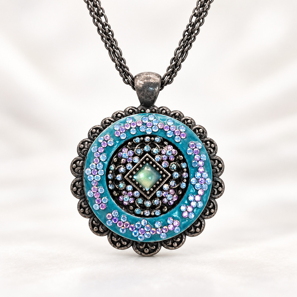 Vintage Blue Rhinestone Photo Locket Necklace Turquoise Gunmetal Boho Medallion